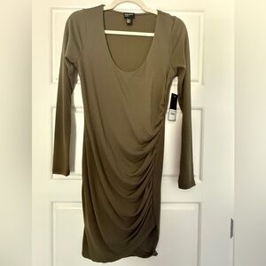 free press Olive Green Long Sleeve Ruched Scoop Neck Dress